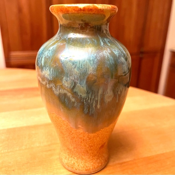 Handmade Shiny glazed ceramic bud vase. Blue, green and brown tones. 5.5” tall. - Picture 2 of 10